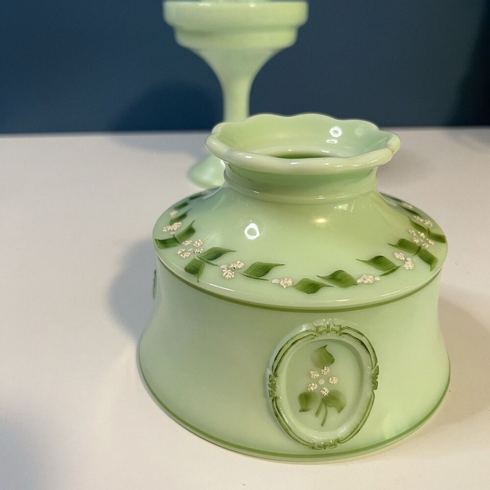 Vintage Westmoreland Jadeite Green Glass Fairy Light Lamp Cameo Beaded Pattern - Picture 5 of 15